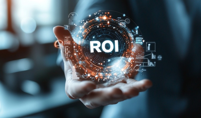 Business person presenting holographic ROI display with analytics icons, charts, and data visualization elements representing AI automation return on investment